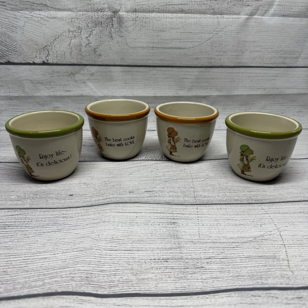 4 HOLLY HOBBIE Country Living Ovenproof Stoneware Cups Mugs Brown Green